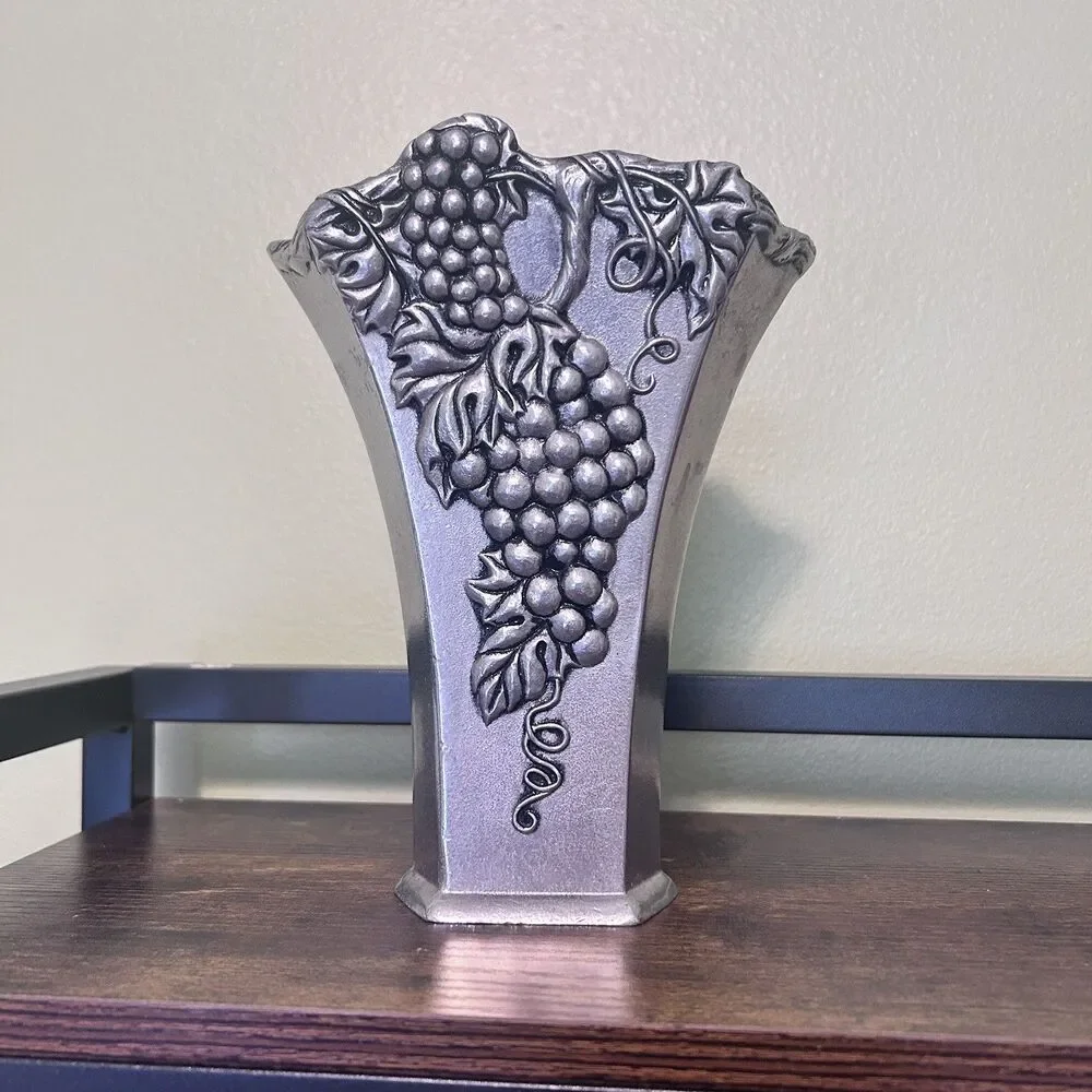 Silver Tone Metal Textured Heavy Fan Shaped Vase Vineyard Grape Pattern, 8”